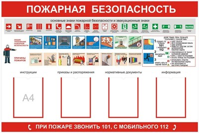 Стенд Пожарная безопасность с карманами А4 количество 4 шт вертикальные, размер 1200х1000 пластик 3 мм 0281127 - фото 1409573