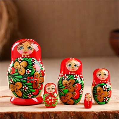 Матрёшка «Божья коровка», красный платок, 5 кукольная, 9-11 см 0282998 - фото 1409740