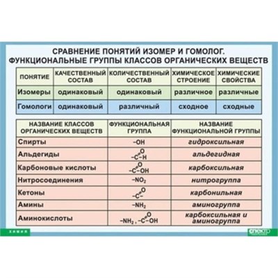 Сравнение понятий изомер и гомолог. Функциональные группы классов органических веществ, 100x140 см (Таблица, винил. Химия) В7-8670-001 bf9FSVwZiKMf4v61TDp3D1 - фото 1411370