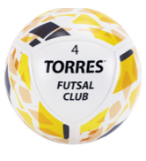 Мяч футзал. TORRES Futsal Club, р.4, 10 пан. PU, 4 под. сл, гибрид. сш. бело-зол-чер 01651
