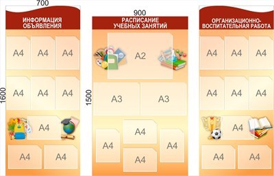 Комплект Школьных стендов  пластик 3мм,  22 кармана А4, 2 кармана А3, 1 карман А2, 700 х 1600 - 2шт, 900 х 1500 со стыком по горизонтали - 1шт. ШИ21
