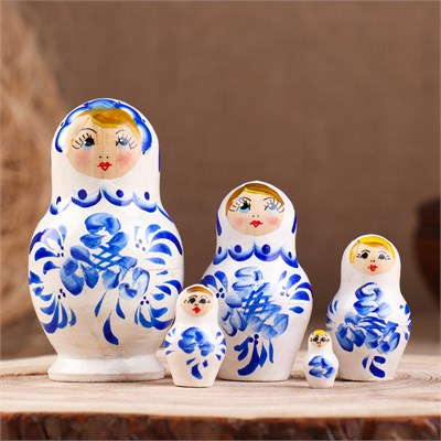 Матрёшка «Гжель», белое платье, 5 кукольная, 10 см 0282996