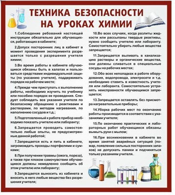 Стенд Техника безопасности на уроках химии размер 800 х 900 пластик 3 мм 2724