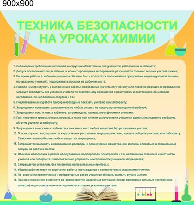 Стенд Техника безопасности на уроках химии размер 900 х 900 пластик 3 мм 2739