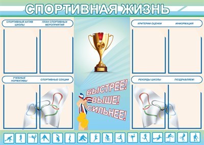 Стенд Спортивная жизнь 1400 х 1000 пластик 3 мм карманы А4 количество 8 шт С01