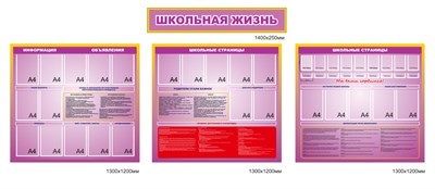 Комплект стендов Школьная жизнь 3 шт размер 1300 х 1200 пластик 3 мм с карманами А4 25шт 05162