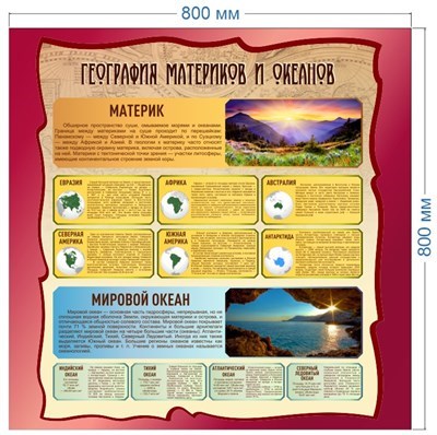 Стенд География материков и океанов 800 х 800 пластик 3мм 05626