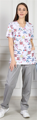 Костюм медицинский серые брюки, рубашка с рисунком 0282632