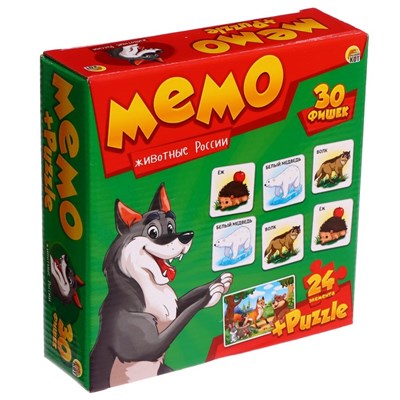 Настольная игра МЕМО «Животные России», 30 фишек + пазл 24 элемента 0280960