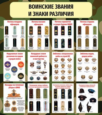 Стенд Воинские звания в вооруженных силах РФ 800 х 900 пластик 3мм 2567