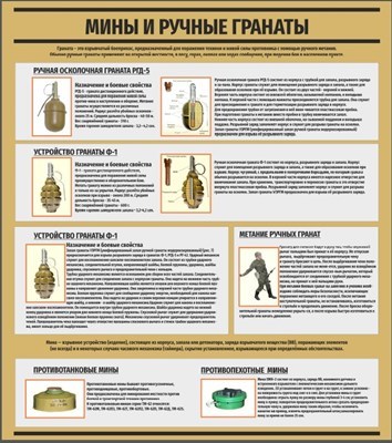Стенд Мины и ручные гранаты 800 х 900 пластик 3мм 2576