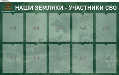 Стенд Наши земляки участники СВО размер 1200 х 750 пластик 3 мм с карманами А4 10шт СВО10