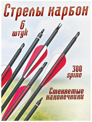 Стрела для лука карбоновая гладкая, цвет перьев красный, комплект 6 шт 027661