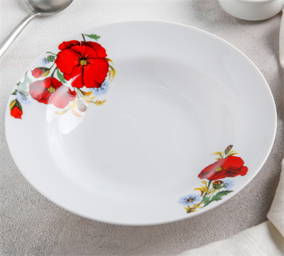 Тарелка фарфоровая глубокая «Маки красные», 230 мл, d=20 см, белая 027336