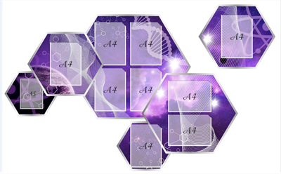 Стенд фигурный комплект  (шестиугольник с одним прозрачным карманом А4 1,67х1,12 м; Вторая часть состоит из 5-ти шестиугольных стендов с карманами А4 (2 горизонтальных, 6 вертикальных) и А5) 1670х1120. общий размер 1950х1200 мм ШИ20