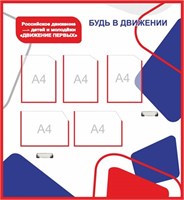 Стенд Российское движение детей и молодежи движение первых размер 1300 х 1200 мм  пластик 3 мм карман а4 5 шт и 2 держателя бумаги ДП01