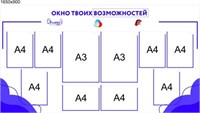 Стенд Окно твоих возможностей размер 1650 х 900 мм  пластик 3 мм карманы А4 - 8 шт. (6 вертикальных, 2 горизонтальных), А3 - 2 шт (вертикальные) О13