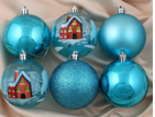 Набор шаров пластик d-8 см, 6 шт "Зимний домик" голубой 01003