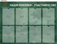 Стенд Наши земляки участники СВО размер 1000 х 750 пластик 3 мм с карманами А4 8шт СВО8