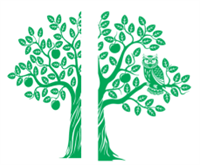 Стилеобразующий элемент Министерства просвещения Российской Федерации – дерево знаний с плодами и совой, выполненное в мятно-бирюзовом цвете, без корней. 0281013